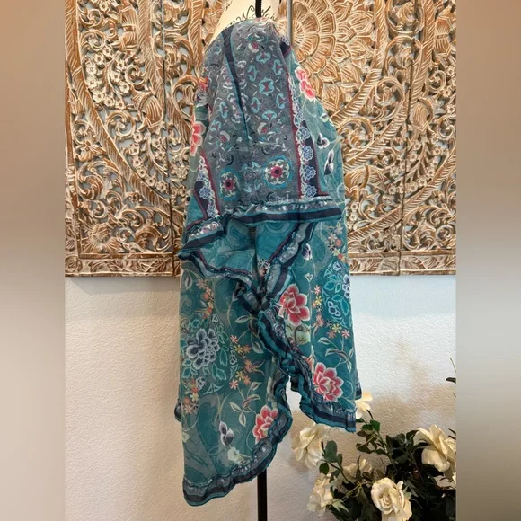 Johnny Was Teal Blue Floral & Birds Lightweight Cotton Ruffle Trim Cover-Up - Picture 6 of 12